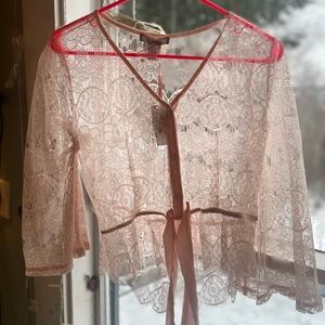 Chic/Sexy pink lace bell sleeve top, cinched waist